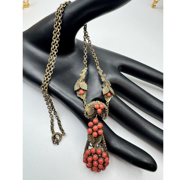 Vintage Victorian Revival Necklace Brass Faux Coral Czech Art Nouveau - Picture 1 of 8